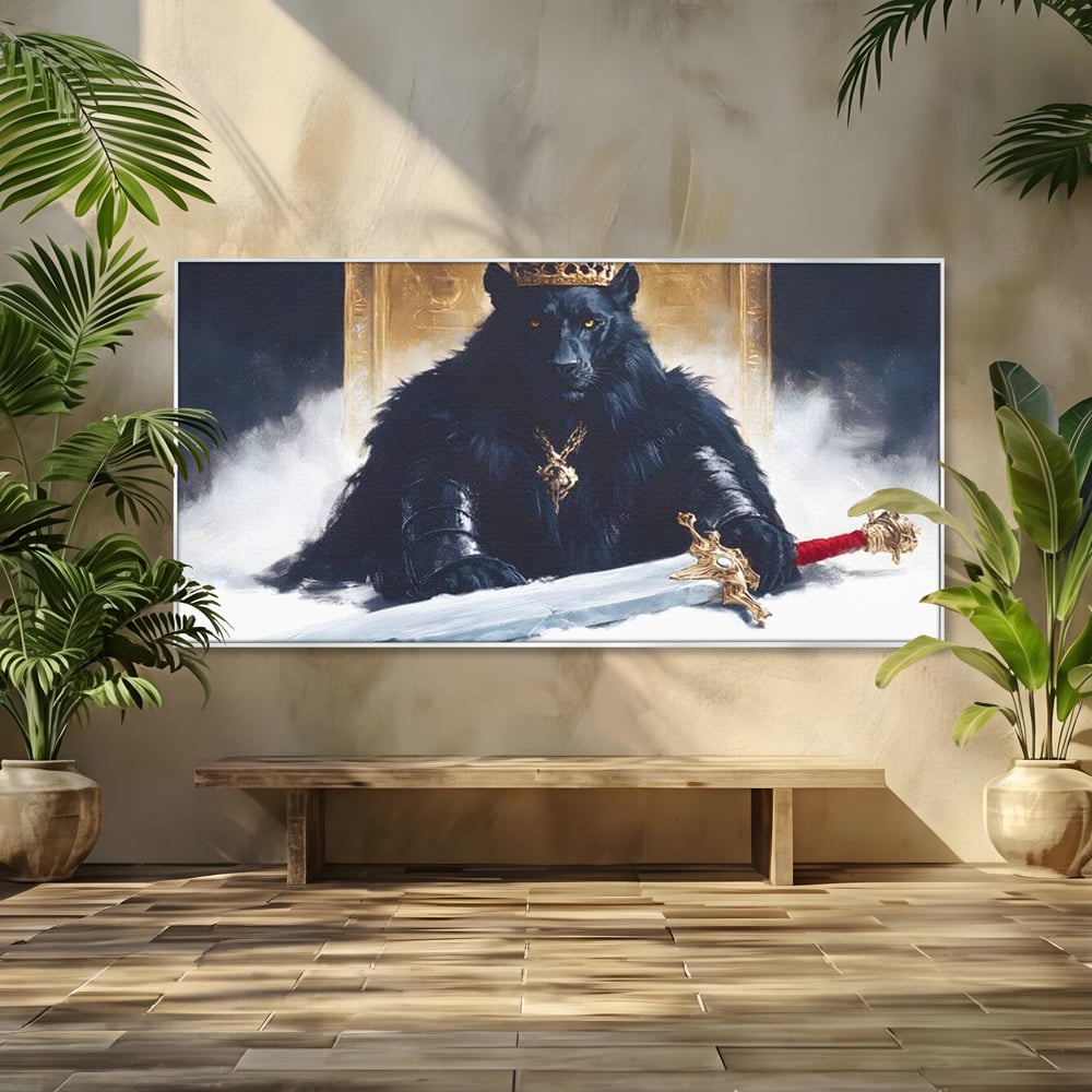 Tablou canvas cu tablou canvas cu pantera rege pe tron, in rama de aluminiu argintiu